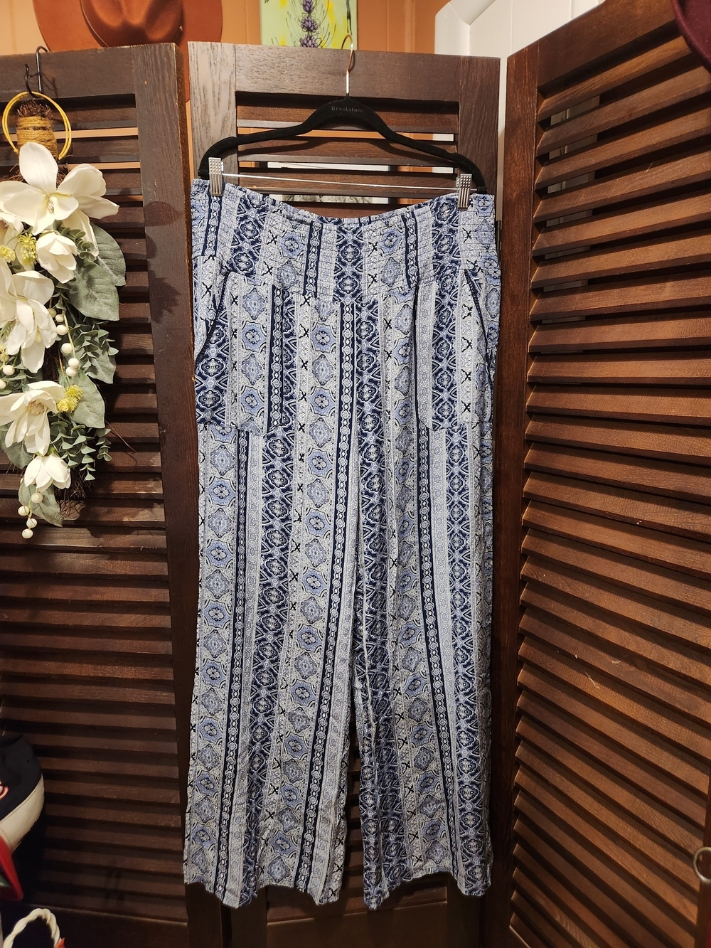 Boho Wide-Leg Printed Pants - Blue